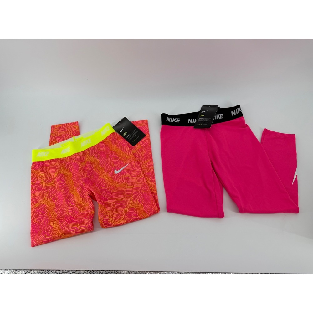 Nike Girls 6X Dri-Fit Leggings Lot 2 Pink Orange Wavy Graphic Performance Tights